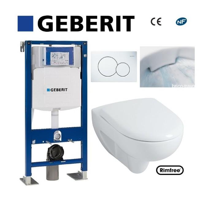 Wc suspendu geberit plaque blanche + rimfree compl
