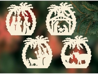 4 décorations pour sapin de Noël, crèches en bois