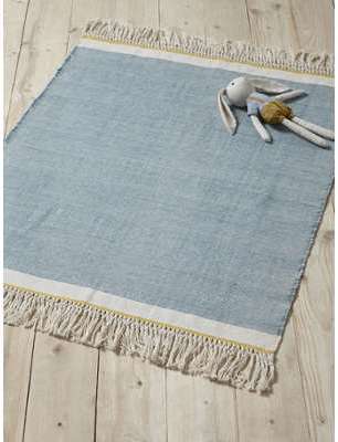 Tapis coton franges bleu Tapis coton franges bleu