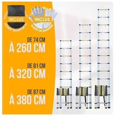 Echelle Télescopique Pro de 2m60 en Aluminium + Ho
