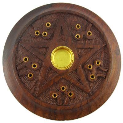 Porte encens bois rond - Pentagramme Sculpté