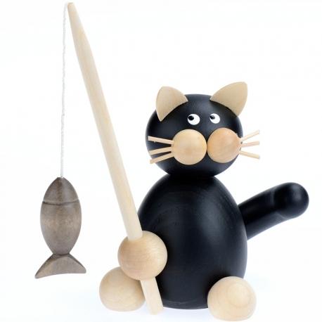 Chat en bois pecheur avec poisson, 8 cm