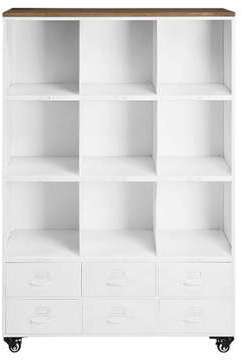 Bibliothèque à roulettes en métal blanc et sapin B