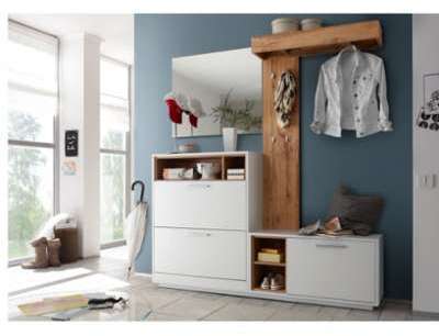 Meuble vestiaire d entrée 4 pièces blanc/bois Staf