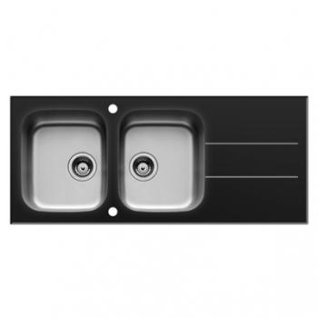 Evier GRADO Inox et verre noir 2 bacs égouttoir à encastrer Evier GRADO Inox et verre