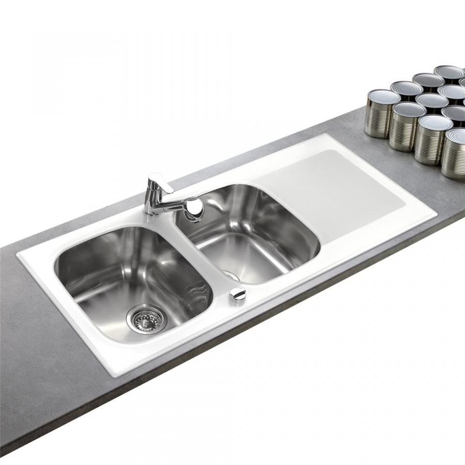 Évier inox lisse et verre blanc Kümbad PEARL 2 bac