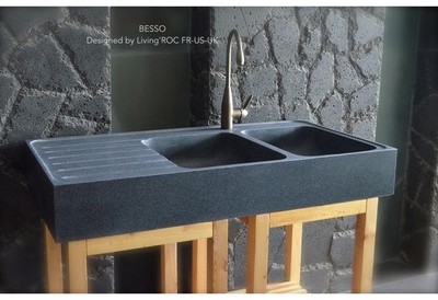 120x60x17 Évier Cuisine pierre Granit 2 cuves égou