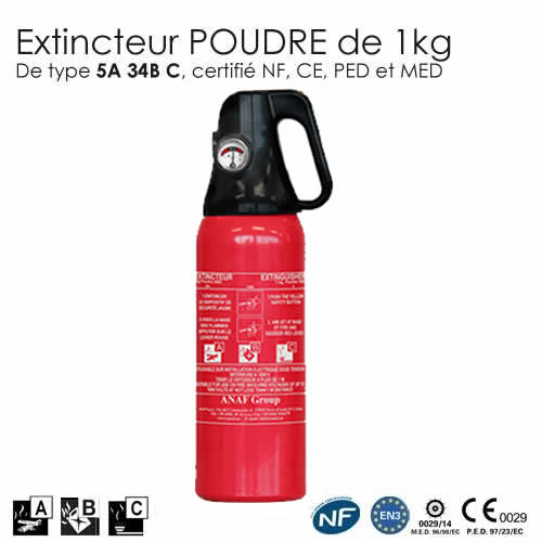 Extincteur à poudre 1 Kg ABC NF pour véhicules