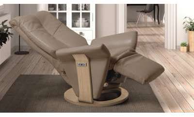 Fauteuil cuir et bois relax électrique bi-moteur pivotant Fauteuil cuir et bois relax