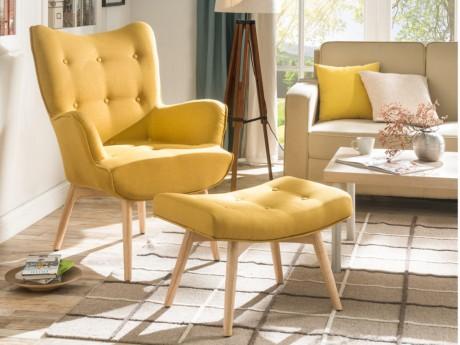 Fauteuil avec repose-pieds ESBEN en tissu - Jaune