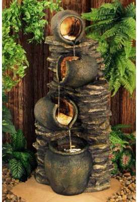 Fontaine de Jardin 4 Vases en Cascade avec Lumière