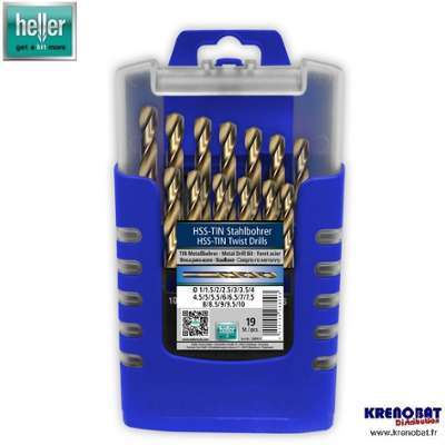 Coffret 19 forets acier : 950 HSS-TIN Titane HELLE