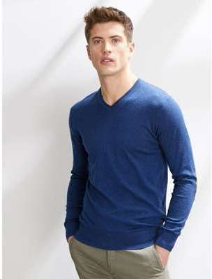 Pull homme col v coudières bleu indigo chiné Pull homme col v coudières