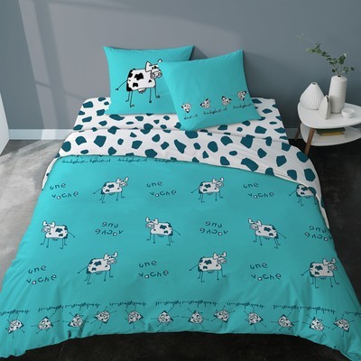 Housse de couette imprimée vache Meuh turquoise