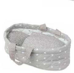 Couffin tissu gris coeur poupée 28cm Couffin tissu gris coeur poupée