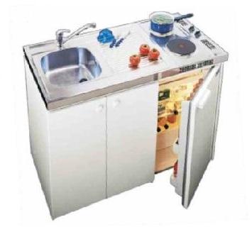 Kitchenette 1400 Evier inox Frigo blanc 55 et plaq