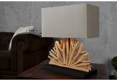 Lampe de 40 cm en bois flotté et lin écrue