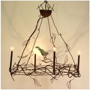 Lustre brindilles et oiseau - 4 lampes -Création Benoit Lustre brindilles et oiseau