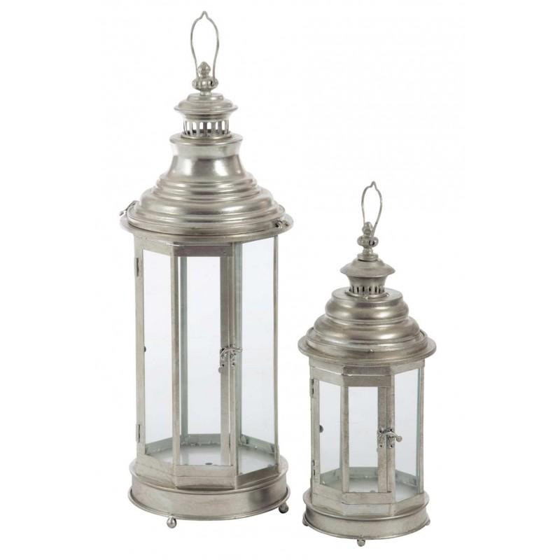 Set de 2 Lanternes Octogonale en métal argenté antique Set de 2 Lanternes Octogonale