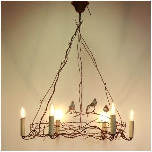 Lustre brindilles et 3 oiseaux - 6 lampes -Création Lustre brindilles et 3 oiseaux