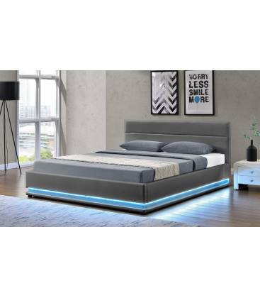 Lit coffre gris avec tete de lit et bande led 160c