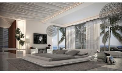 Lit design blanc LED 200x200 cm simili cuir - Apex