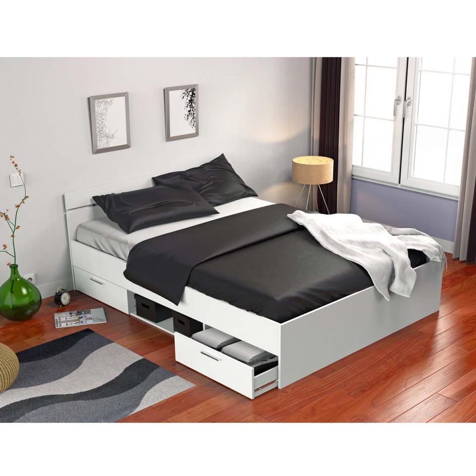 Lit 2 personnes 140cm x 190cm 2 tiroirs et 1 niche