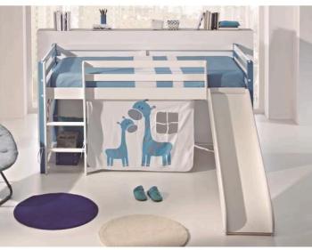 Lit enfant mezzanine blanc et bleu avec toboggan -