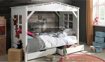 Lit baldaquin 90x200 Robin pin massif Blanc avec tiroirs Lit baldaquin 90x200 Robin