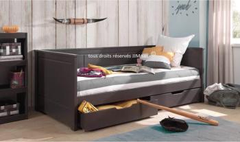 Lit gigogne 90x200 Robin pin massif taupe avec tiroirs Lit gigogne 90x200 Robin pin