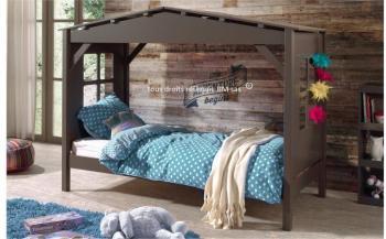 Lit baldaquin 90x200 Robin pin massif taupe Sans t