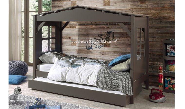 Lit baldaquin 90x200 Robin pin massif taupe avec t