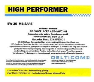 Pneu High Performer 5W-30 SAPS C3 BMW MB 5 Litres Jerrycans Pneu High Performer 5W-30