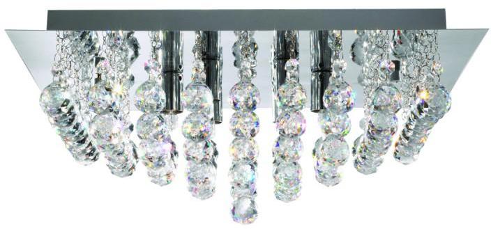 Plafonnier carré 6 ampoules Hanna en chrome et cristal Plafonnier carré 6 ampoules
