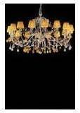Lustre 16 lumières cuir or et cuivre abat-jour jaune Lustre 16 lumières cuir or