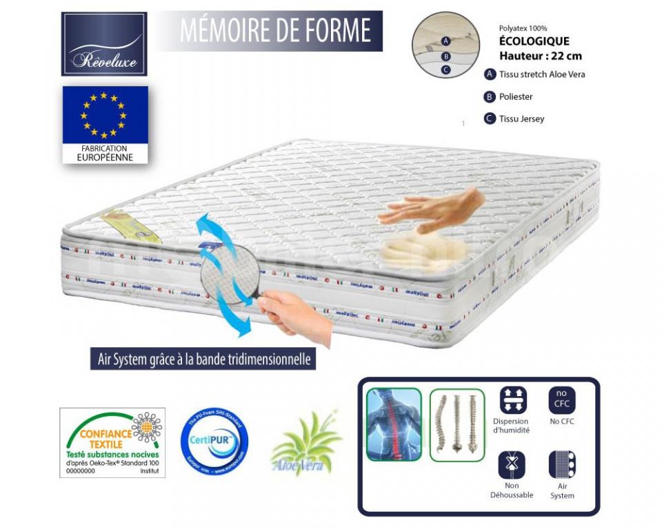 Matelas Mémoire de forme 140 cm x 190 cm Rêveluxe