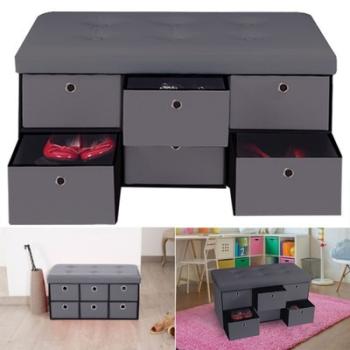 Banc coffre rangement gris 6 tiroirs 76x38x38cm PVC Banc coffre rangement gris