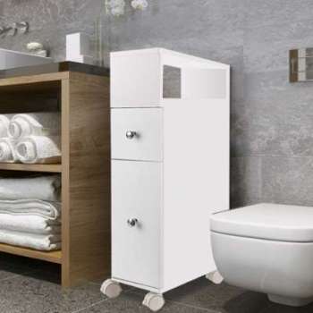 Meuble rangement WC sur roulettes 2 tiroirs blanc Meuble rangement WC sur roulettes