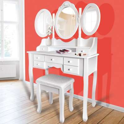 Coiffeuse 3 miroirs en bois et tabouret