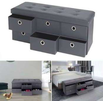 Banc coffre rangement gris 6 tiroirs 100X38X38 cm PVC Banc coffre rangement gris