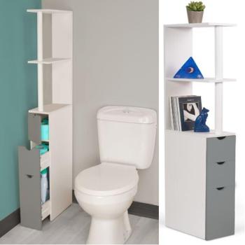 Meuble WC étagère bois 3 portes blanc et gris gain Meuble WC étagère bois 3 portes