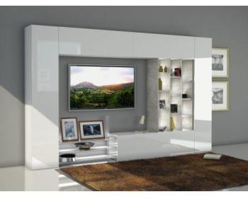 Ensemble meuble TV mural à Led blanc laqué/pierre