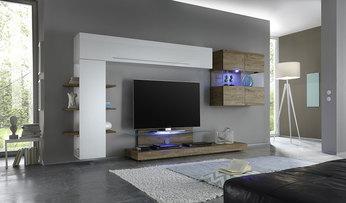 Ensemble meuble TV blanc laqué et chêne avec éclai