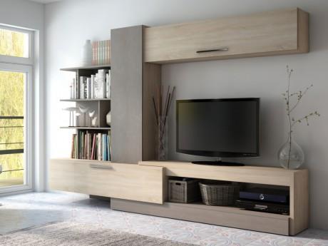 Mur TV SPIKE avec rangements - Chêne & taupe