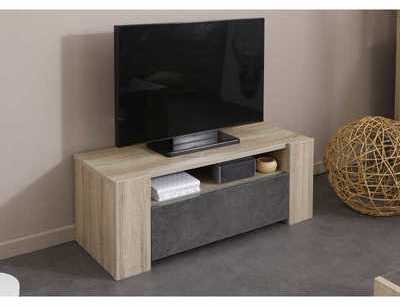 Meuble TV bas SPARE en Chêne Brut et Béton Foncé