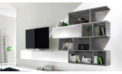 Meuble TV suspendu laqué blanc avec bibliothèque -