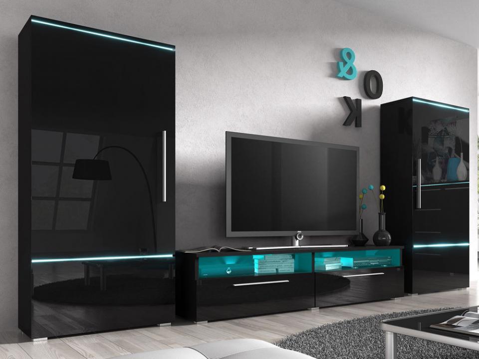 Mur tv-hifi AMITE 4 portes noir avec led
