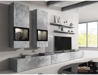Mur tv-hifi BABEL 5 portes béton avec led Mur tv-hifi BABEL 5 portes