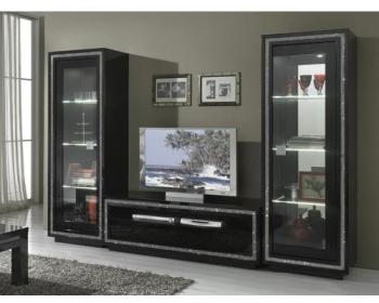 Mur tv-hifi PERLA 2 tiroirs noir laqué avec led Mur tv-hifi PERLA 2 tiroirs