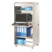 Bureau informatique en bois avec rideau et roulett